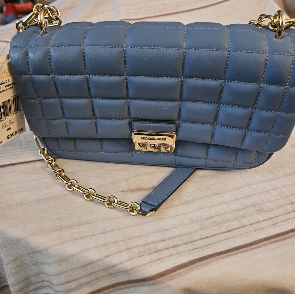 Michael KorsTribeca Large Convertible Chain Shoulder Bag French blue New - Picture 8 of 11